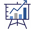A blue and white graphic of a chart with an arrow.