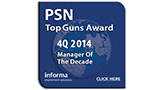 A blue and white badge with the words " psn top guns award 4 q 2 0 1 4 manager of the decade ".