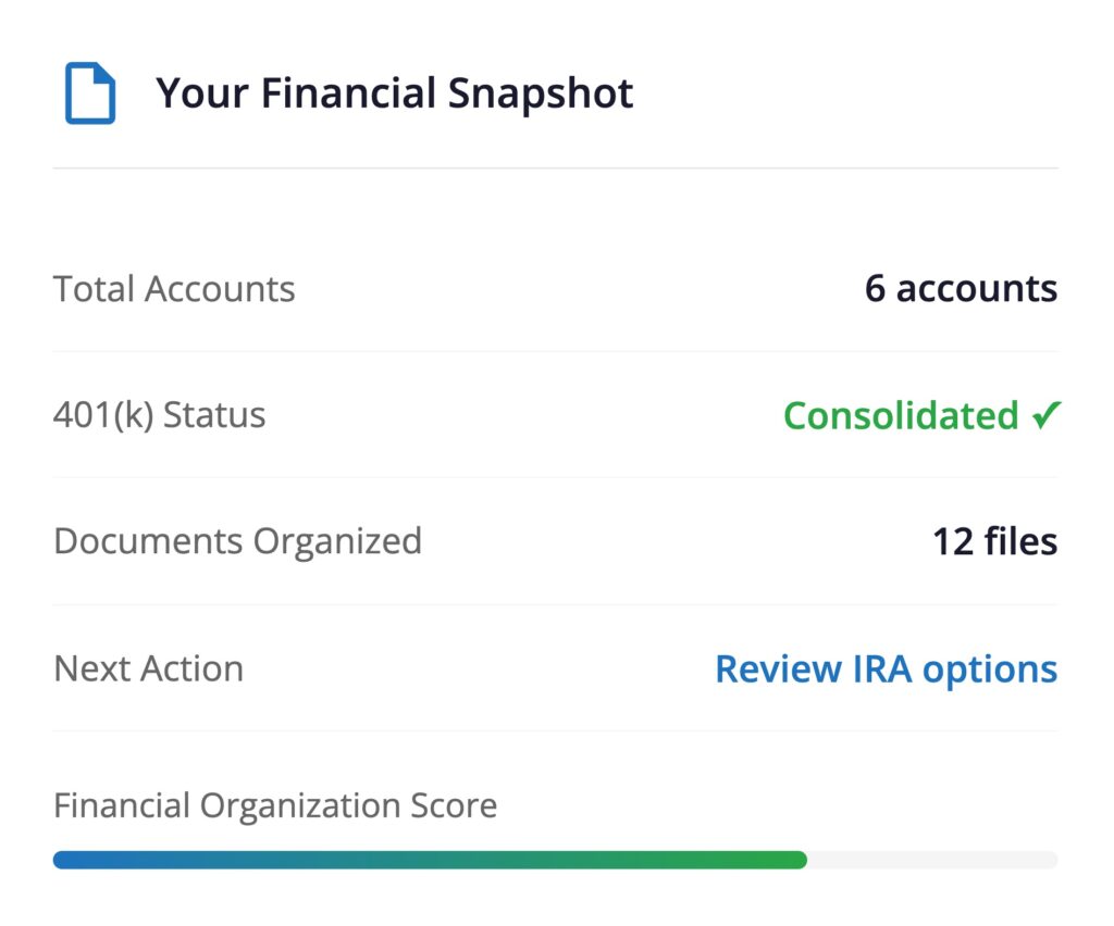 Financial snapshot showing account and document status.