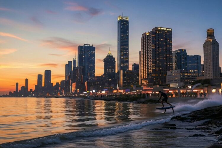 Surfer near city skyline at sunset.