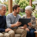 Family enjoying tablet together on patio.
