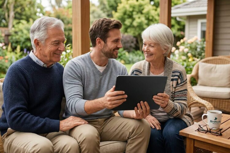 Family enjoying tablet together on patio.