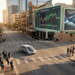 Futuristic city street with autonomous vehicle.