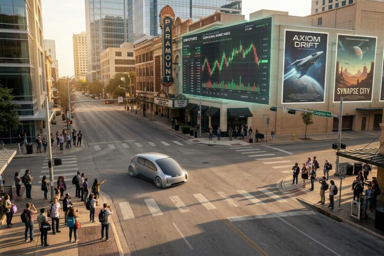 Futuristic city street with autonomous vehicle.