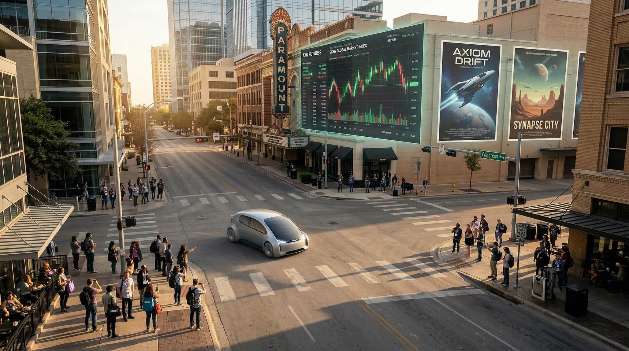 Futuristic city street with autonomous vehicle.